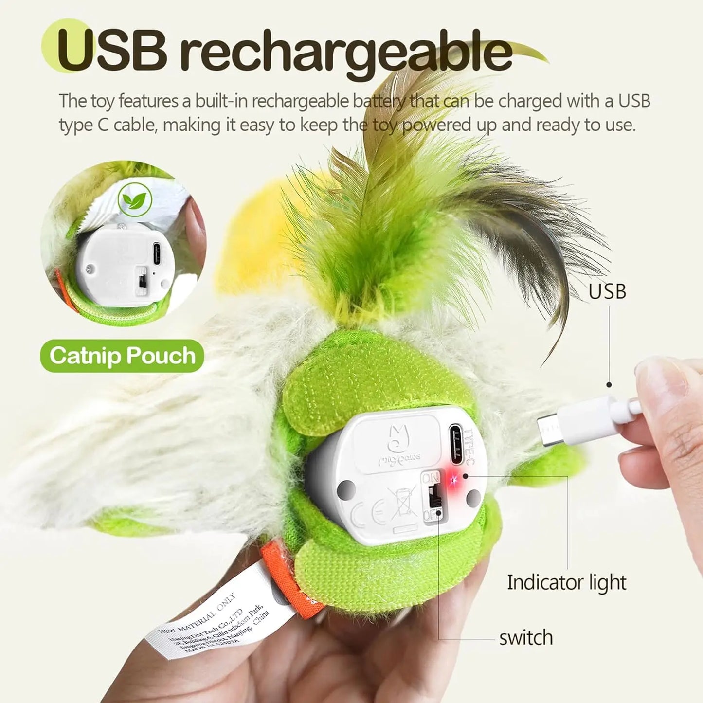 Migipaws Interactive Flapping Bird Cat Toys with Rod, clamp, Elastic String and Catnip, A