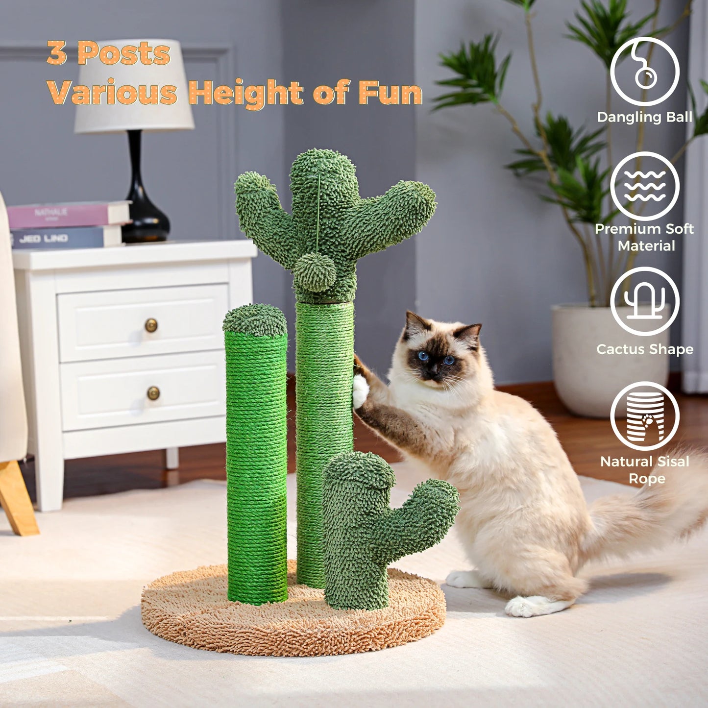 H228cm Cat Tree Toy Condo Multi-Layer Climbing Tower with Hammock Solid Wood Post for Cats