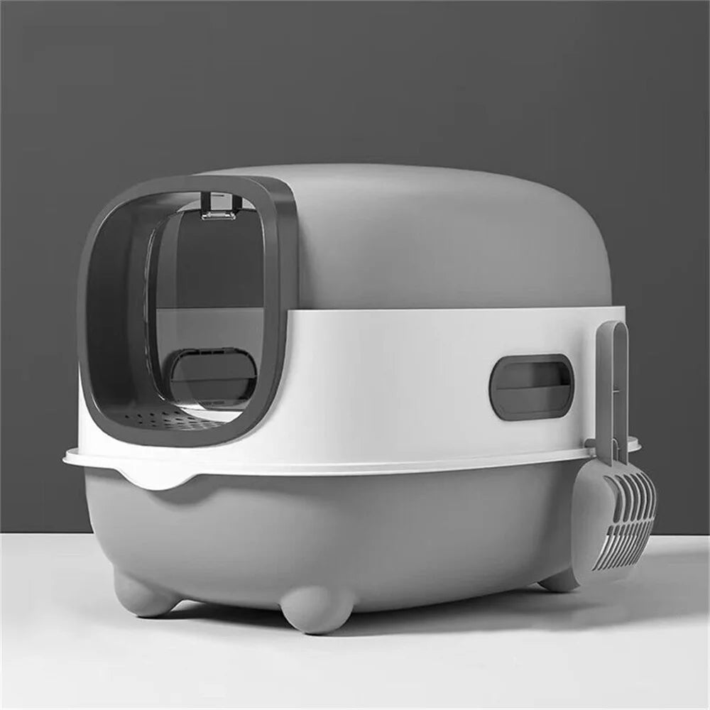 Large Cat Litter Box Enclosed with Scoop Odorless Hooded Litter Tray Deep Cat Toilet Pan Easy Clean Non-Stick