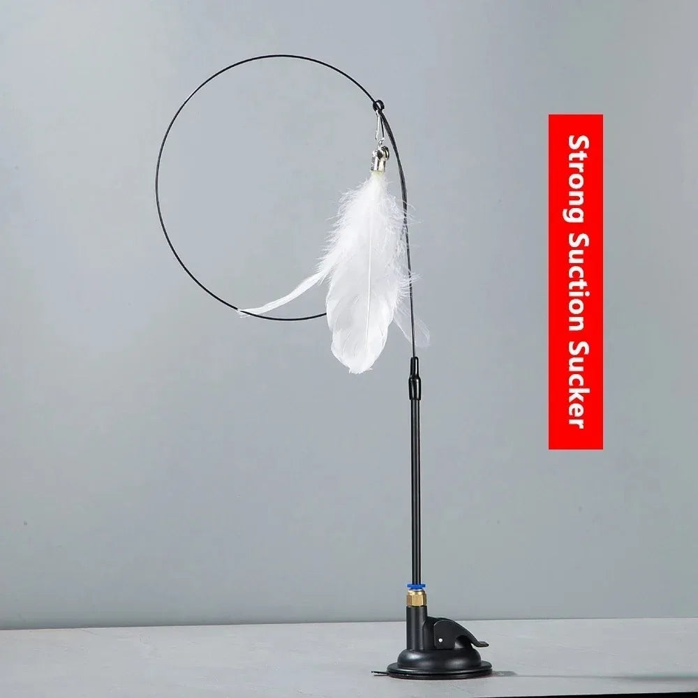 Cat Teaser Toy Cat Teaser Pole With Feather Bell Extended Rod Suction Cup Durable Bite Teaser Stick Replaceable Feather Head