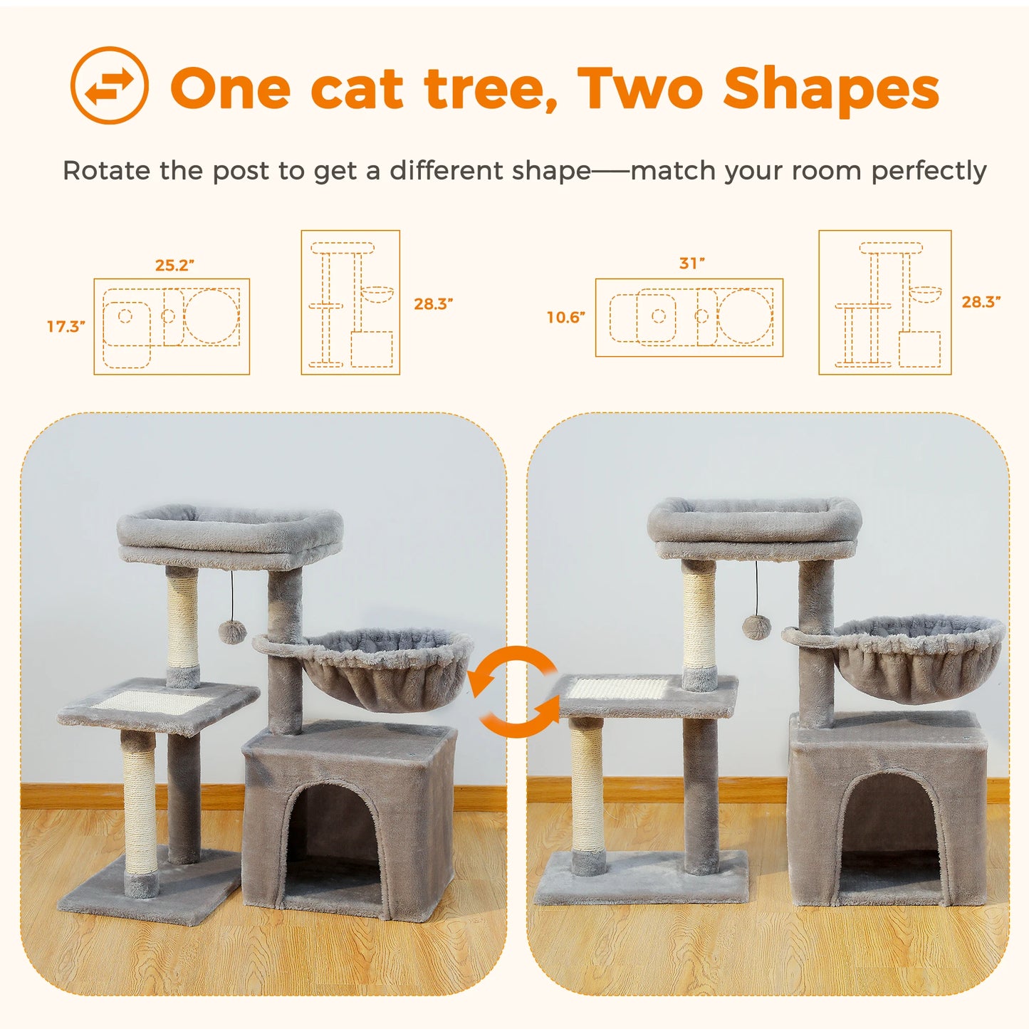 Cat Tree Cat Tower for Indoor Cats with Big Hammock Removable Top Perch and Scratching Posts Grey