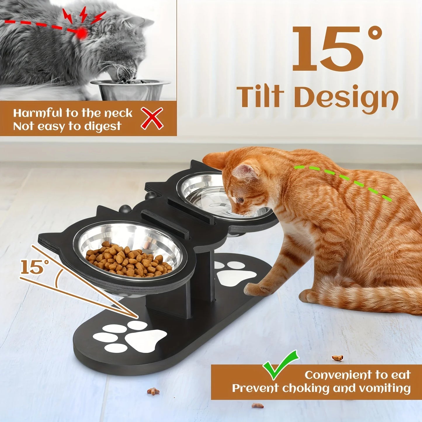 Raised Cat Bowls With Wooden Stand And Stainless Steel Bowls
