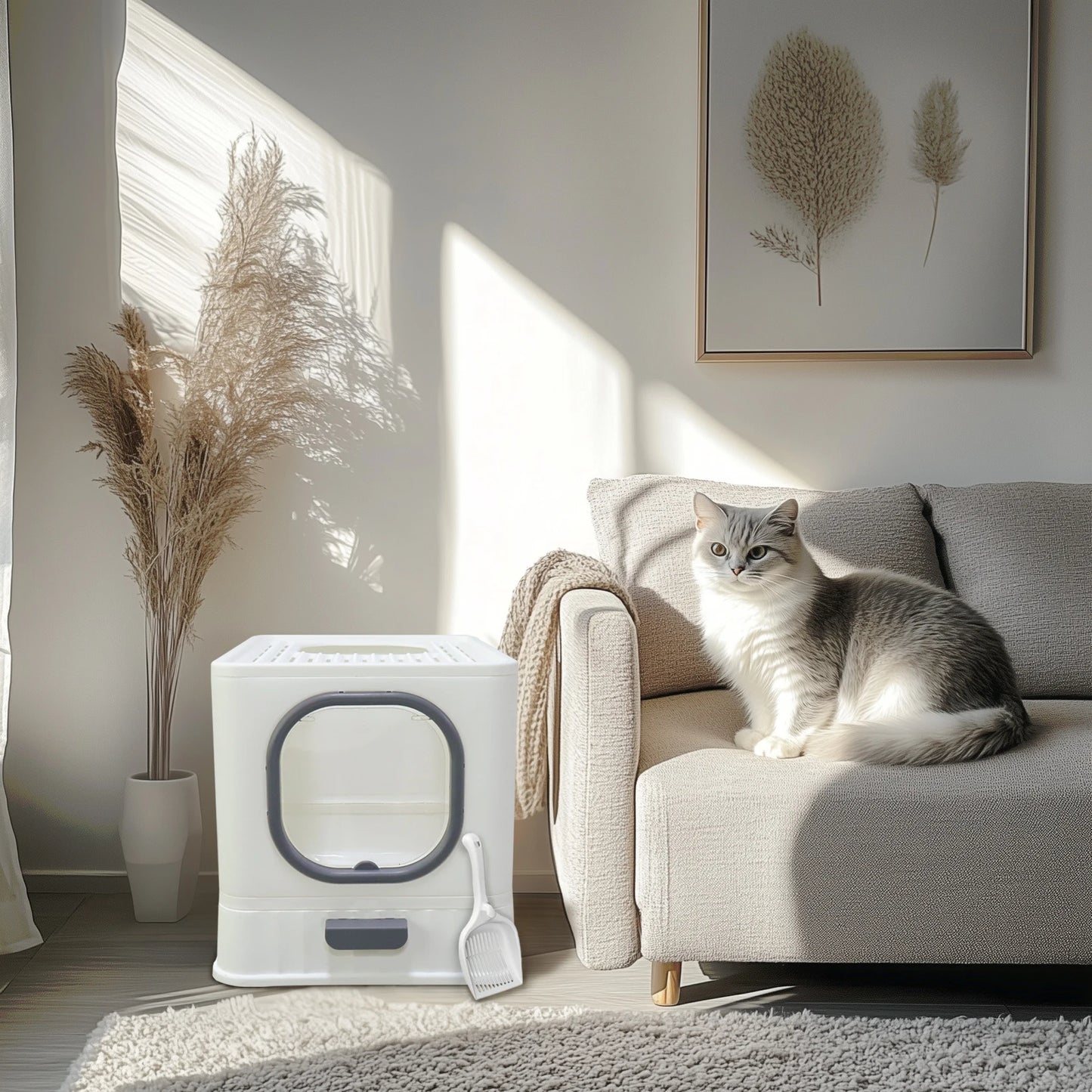 Bingopaw Cat Litter Box with Lid Enclosed Potty Large Top Entry Anti Splashing Toilet Easy to Clean with Litter Scoop
