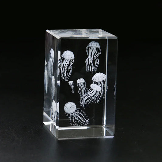 3D Laser Carving Jellyfish Crystal Cube Glass Crafts Figurines Miniatures Sculpture Paperweight Ocean Home Decor Gift Photo Prop