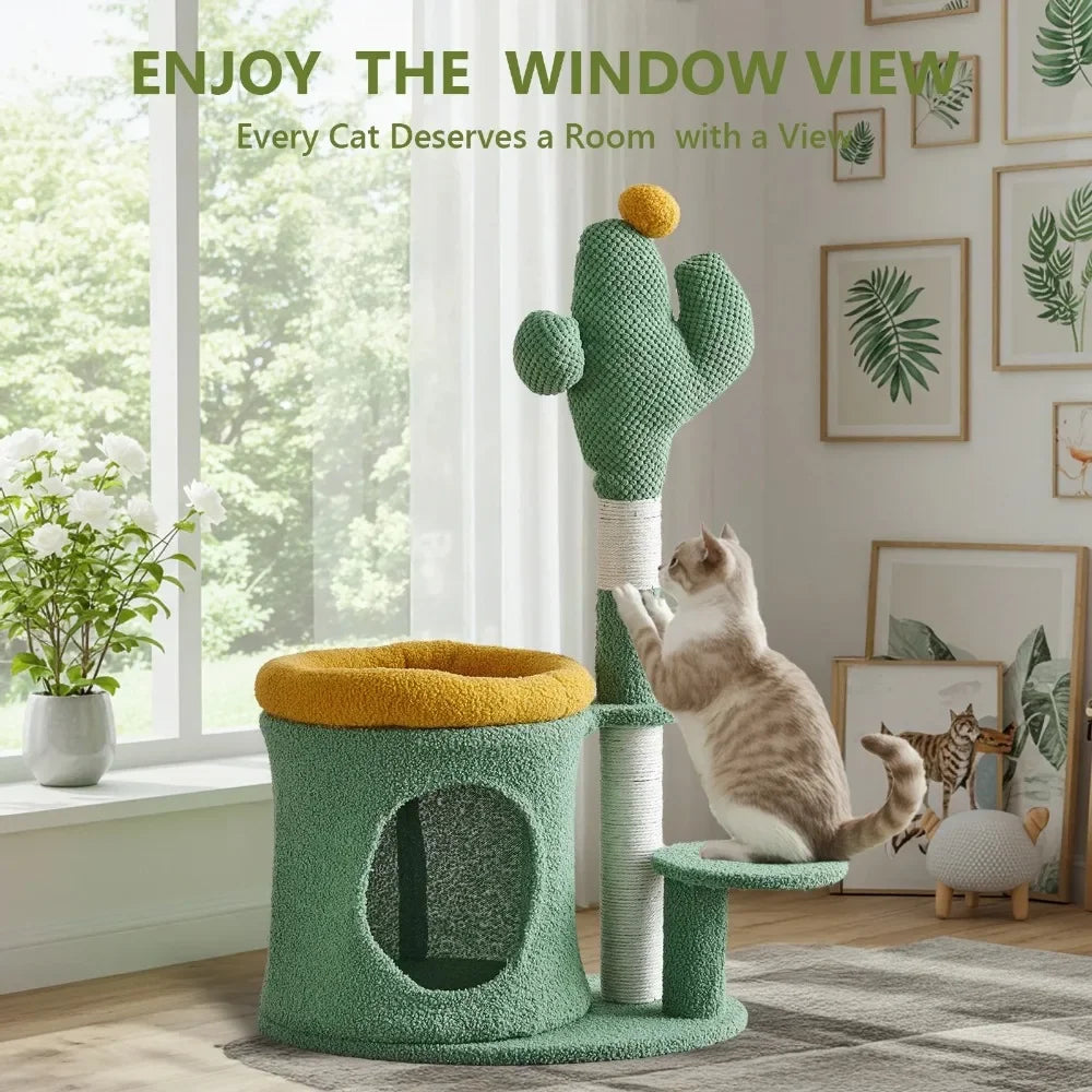 32 Inch Cat Tree with Cactus Cat Scratching Post Cozy Cat House for Indoor Cats Green