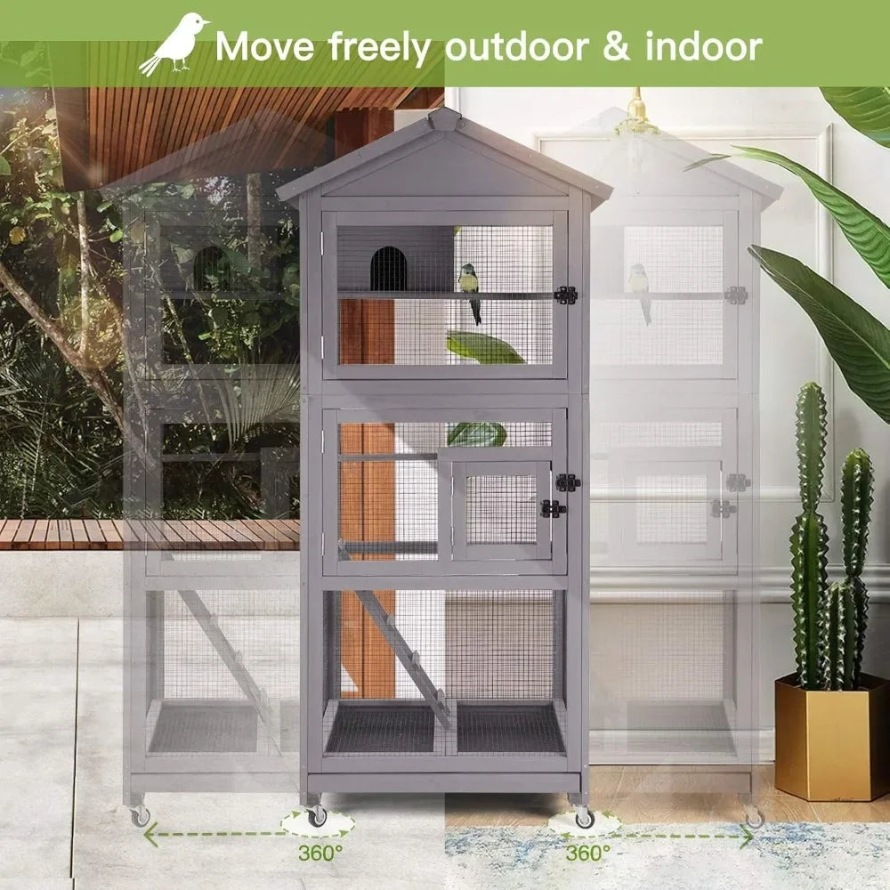 Outdoor Bird Aviary, Wooden Large Bird Cage on Wheels, Play Stand, Perches, Nest Habitat, Wire Mesh Included for Spacious Living
