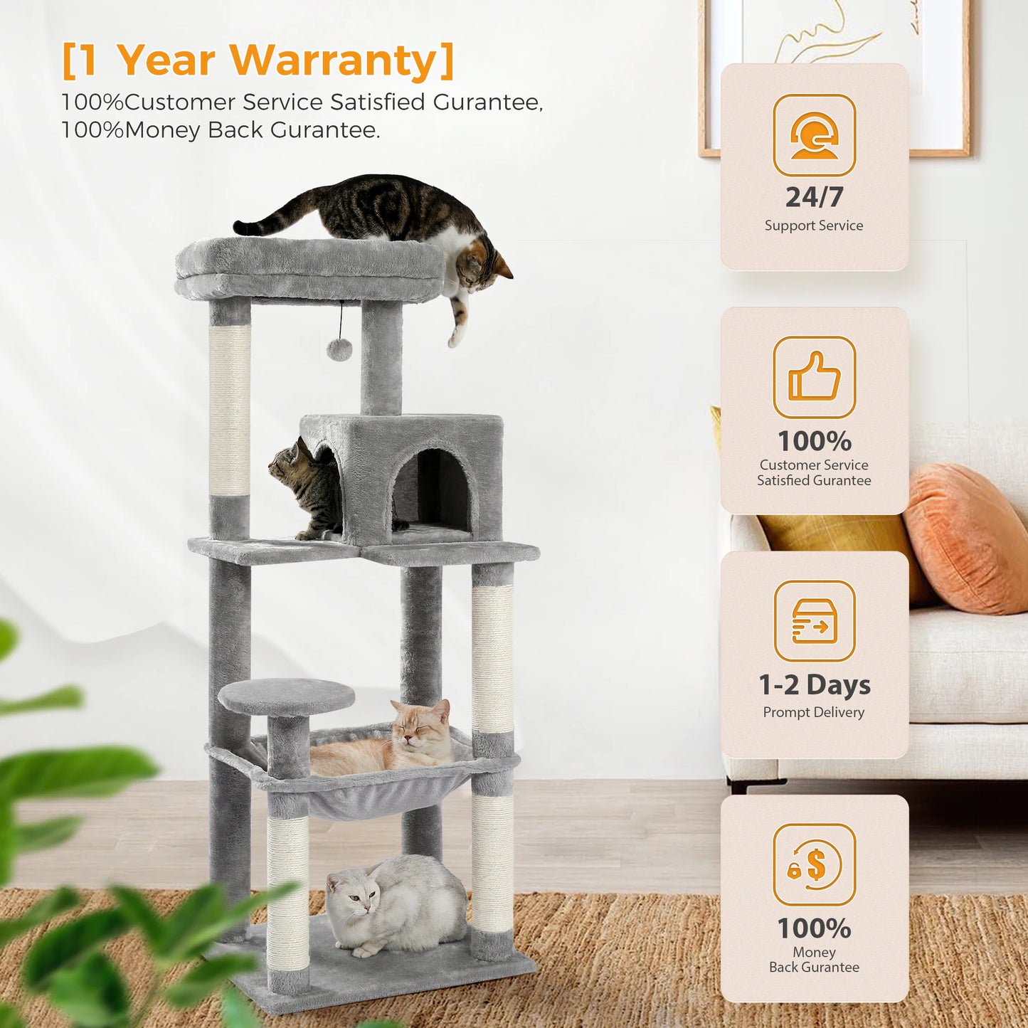 Cat Tree for Indoor Cats 5 Level Cat Tower with Large Hammock and Cozy Condo for Large Cats