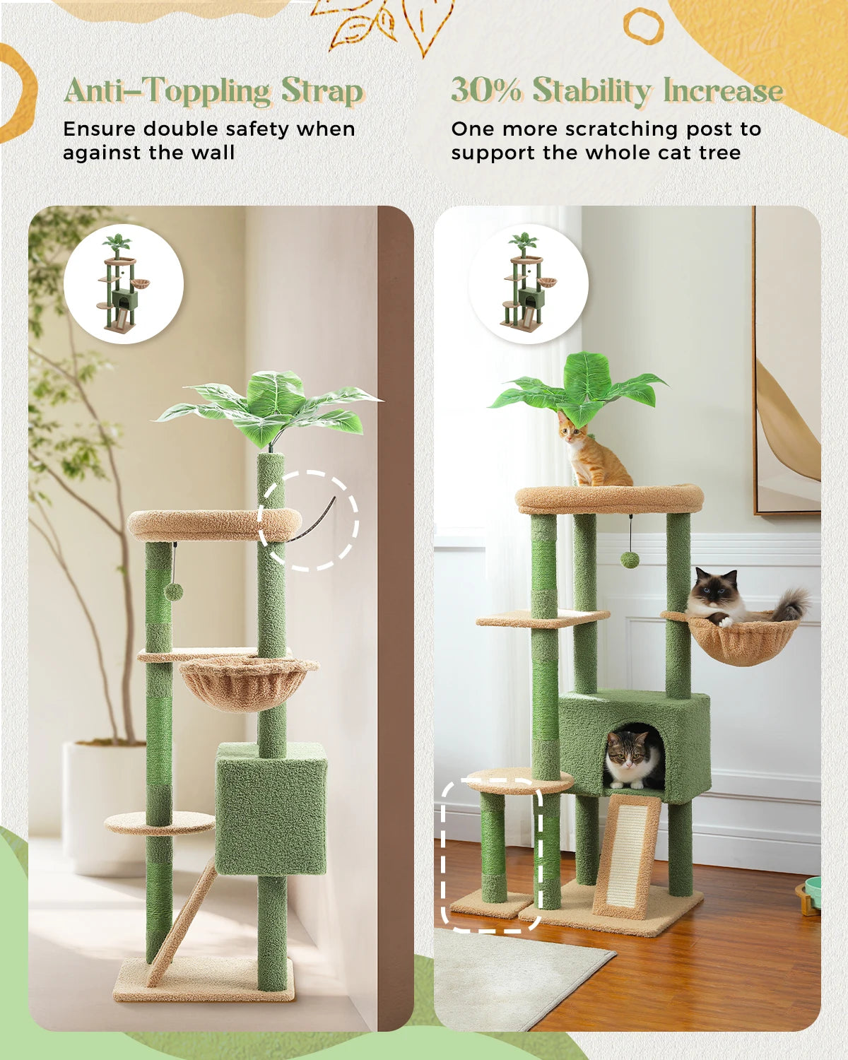 H135CM Cat Tree for Indoor Use with Sisal Scratching Posts Multi-Level Cat Tower with Spacious Condo and Hammock for Kittens