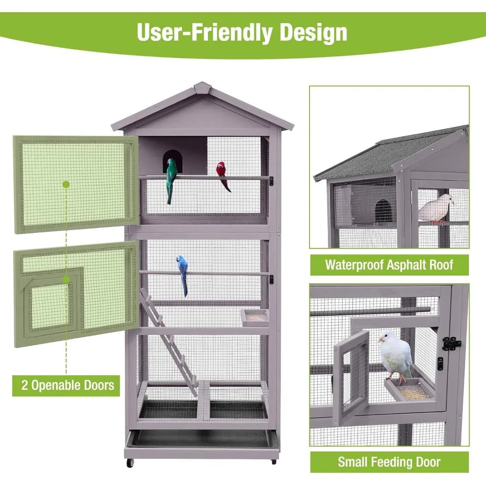 Bird Cage Outdoor Wooden Aviary Indoor 70 Inch Large Parrot Cage with 4 Casters Flight Bird Cages for Parrot Lovebirds Finches