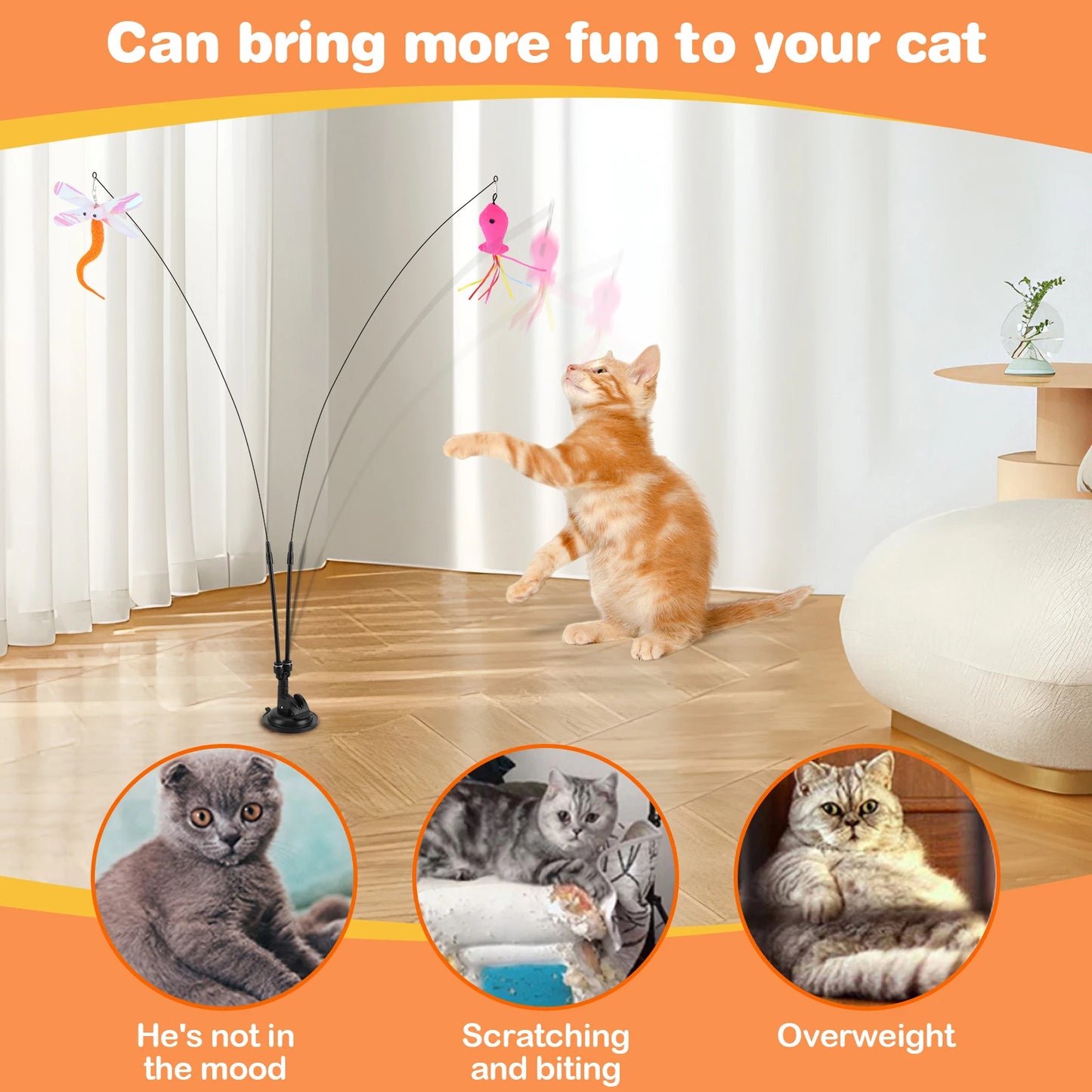Pet Cat Toy Set Suction Cup Toy Set Double Headed Replacement Head Toy Suit Handfree Cat Toy Stick for Floor Glass Door Panel