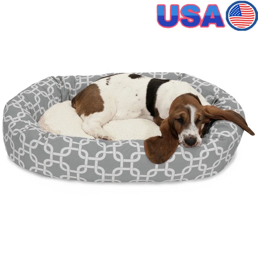 Washable Dog Bed Cozy Round Bagel Design Calming Plush Bolster Pet Bed Medium and Large Dogs