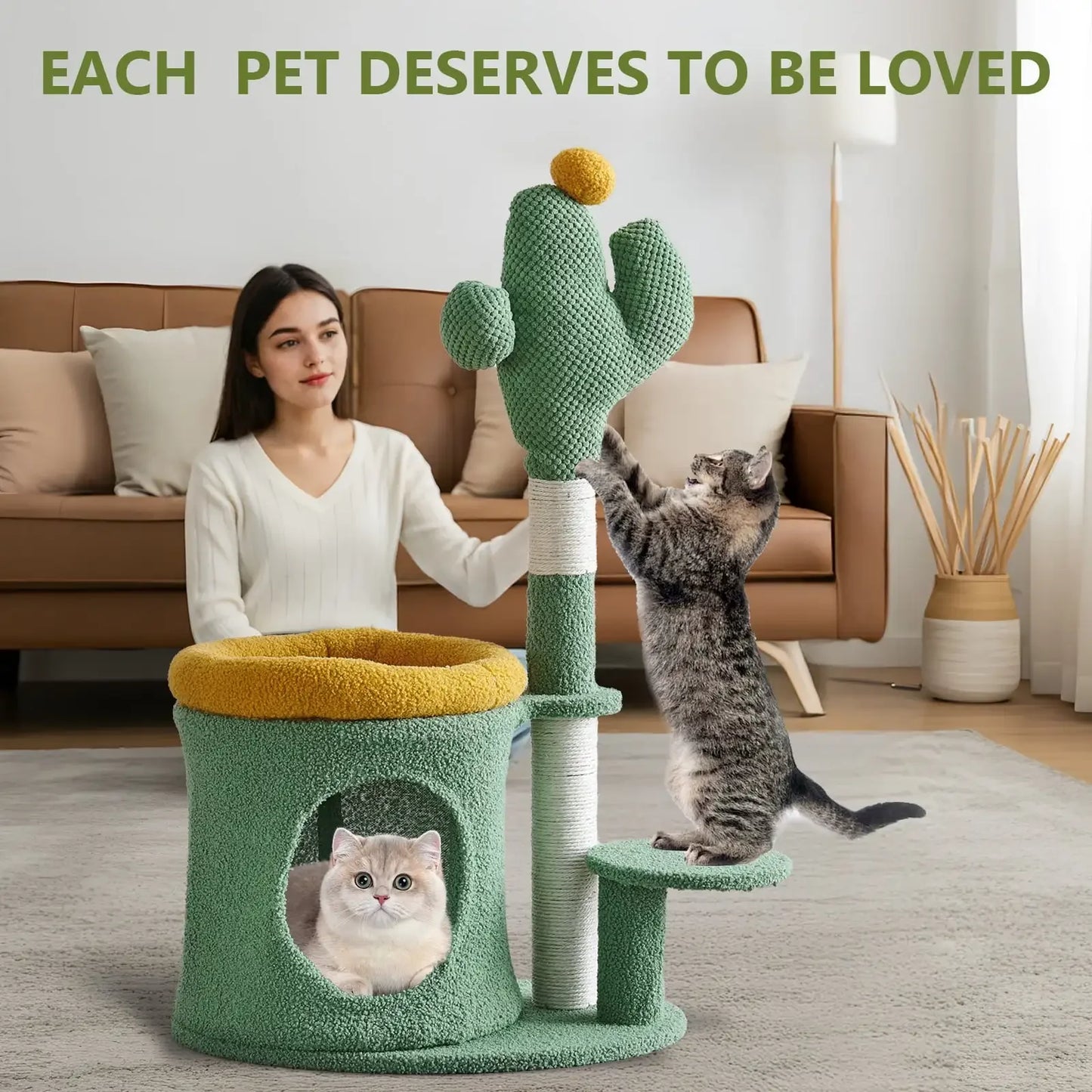 32 Inch Cat Tree with Cactus Cat Scratching Post Cozy Cat House for Indoor Cats Green
