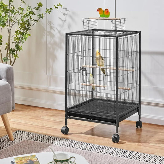 Wrought Iron Bird Cage w/Play Open Top and Rolling Stand for Small Birds Like Parrots Conure Lovebird Cockatie