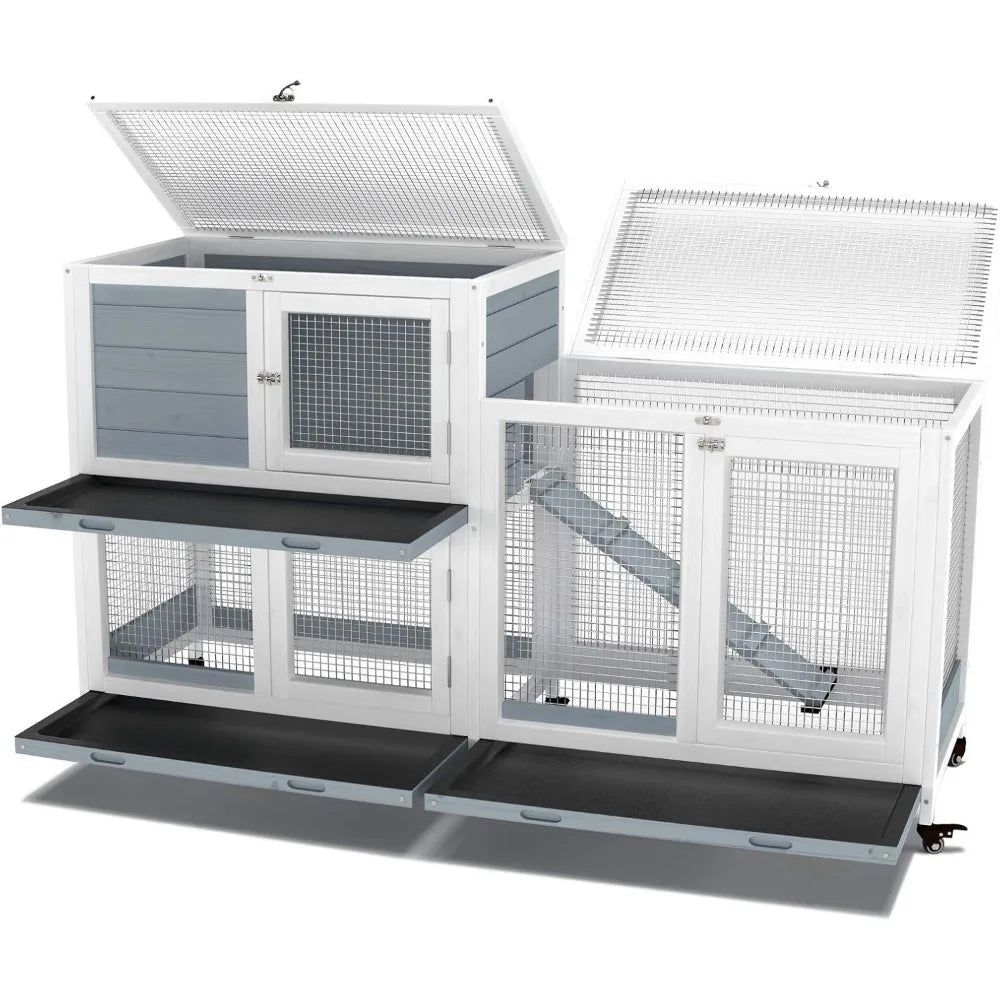 Two Floors 58" Wooden Indoor Bunny Hutch Rabbit Cage on Wheels Guinea Pig PET House for Small to Medium Animals Waterproof No L