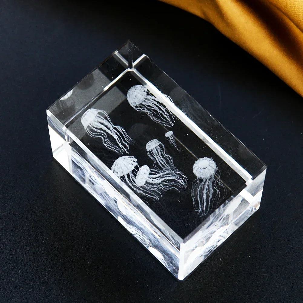 3D Laser Carving Jellyfish Crystal Cube Glass Crafts Figurines Miniatures Sculpture Paperweight Ocean Home Decor Gift Photo Prop