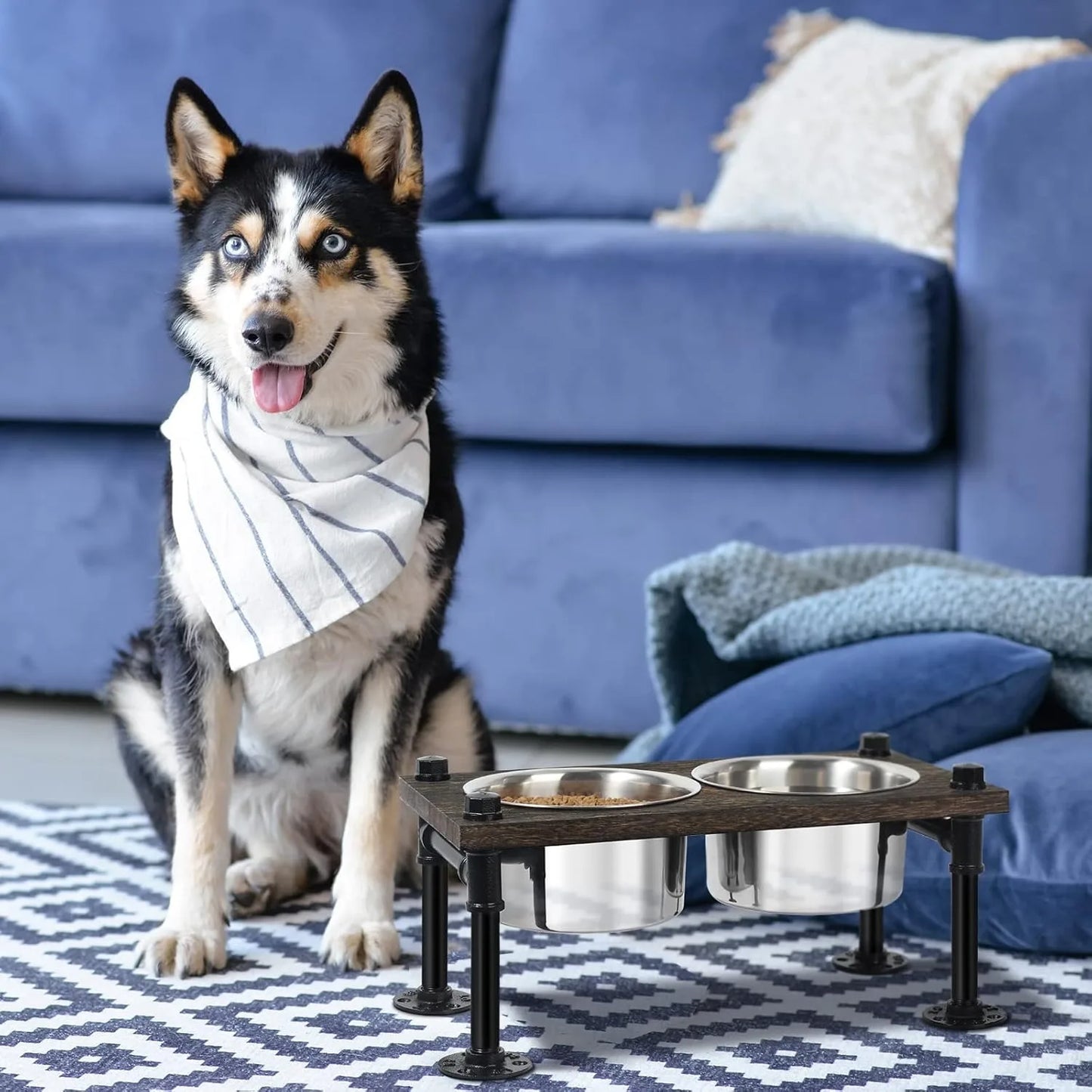 Raised Dog Bowl Stand for Large Dogs | Farmhouse Feeder w/ 2 Stainless Bowls | Waterproof Wood Board & Rustic Brown Design