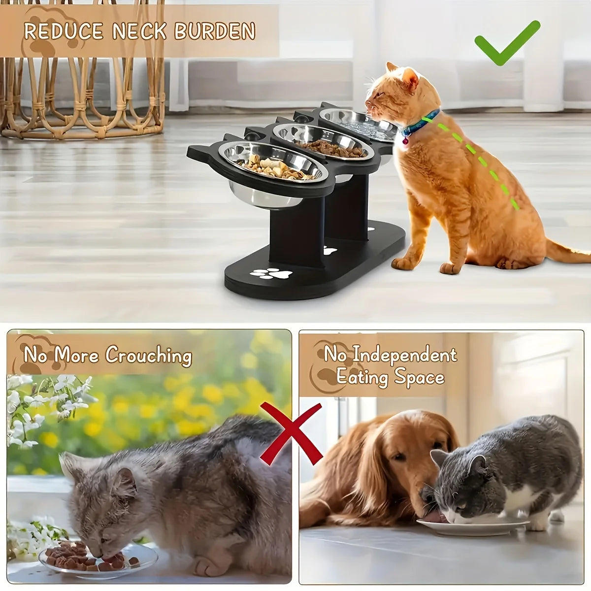 Raised Cat Bowls With Wooden Stand And Stainless Steel Bowls