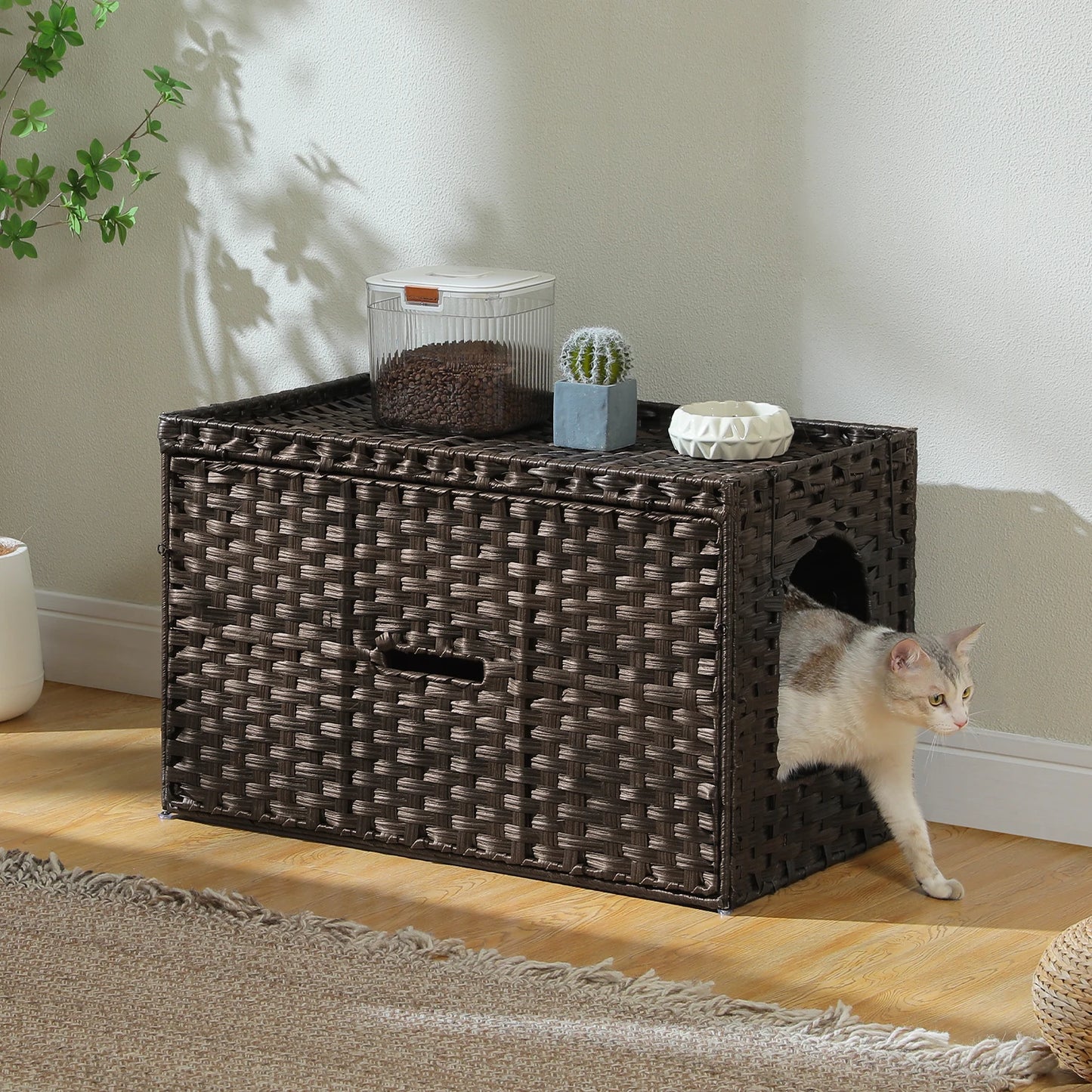 PEQULTICN Rattan Cat Litter Box Enclosure With Tall Doorway