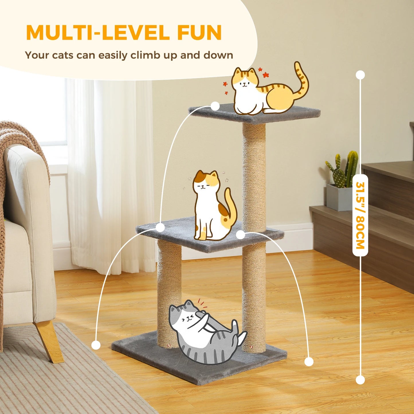 Cat Tree Cat Tower for Indoor Cats with Big Hammock Removable Top Perch and Scratching Posts Grey