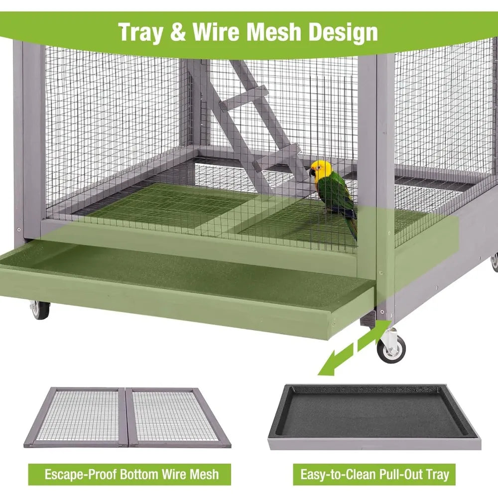 Bird Cage Outdoor Wooden Aviary Indoor 70 Inch Large Parrot Cage with 4 Casters Flight Bird Cages for Parrot Lovebirds Finches