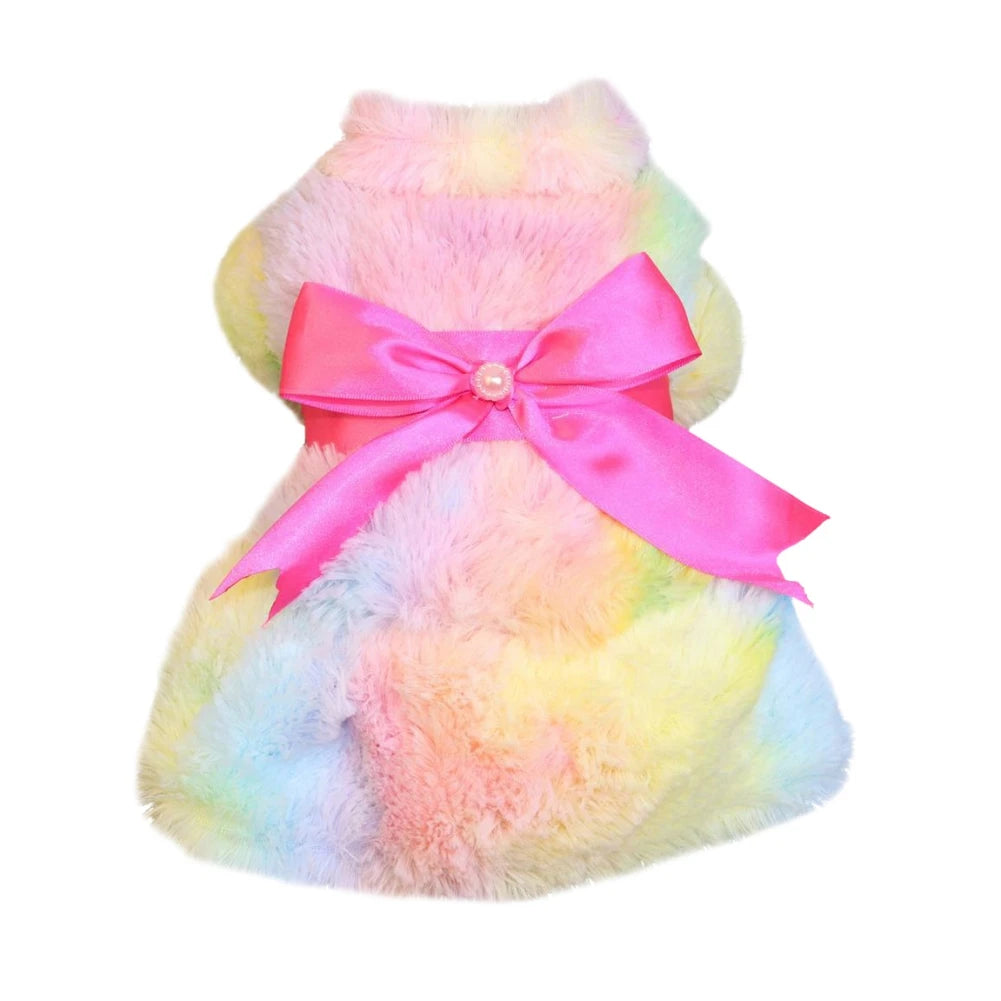 Winter Autumn Pet Warm Fashion Skirt Fleece Rainbow Candy Color Cute Plush Leopard Print Bow Dog Dress