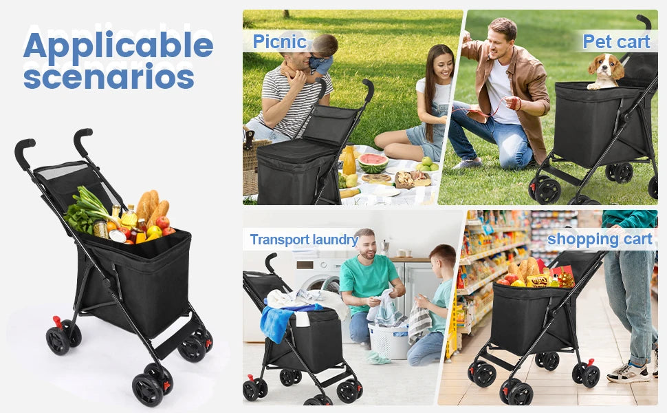 Shopping Cart Folding Portable  Durable Lightweight Market Purchase Bag Trolley with 4 Wheels,Pet Stroller,For Picnic