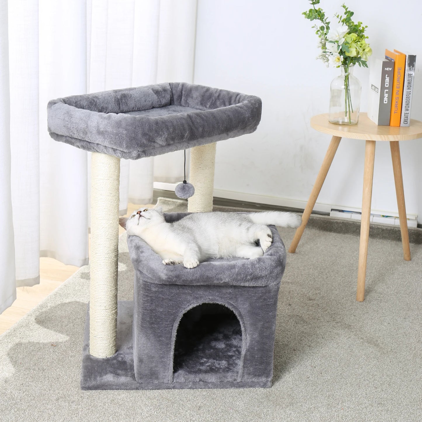 H228cm Cat Tree Toy Condo Multi-Layer Climbing Tower with Hammock Solid Wood Post for Cats