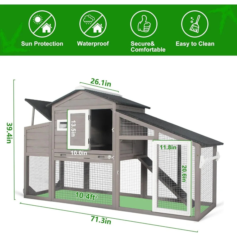 XMSJ Chicken Coop With Run Wooden Outdoor Poultry House UV Proof Asphalt Roof Weather Resistant