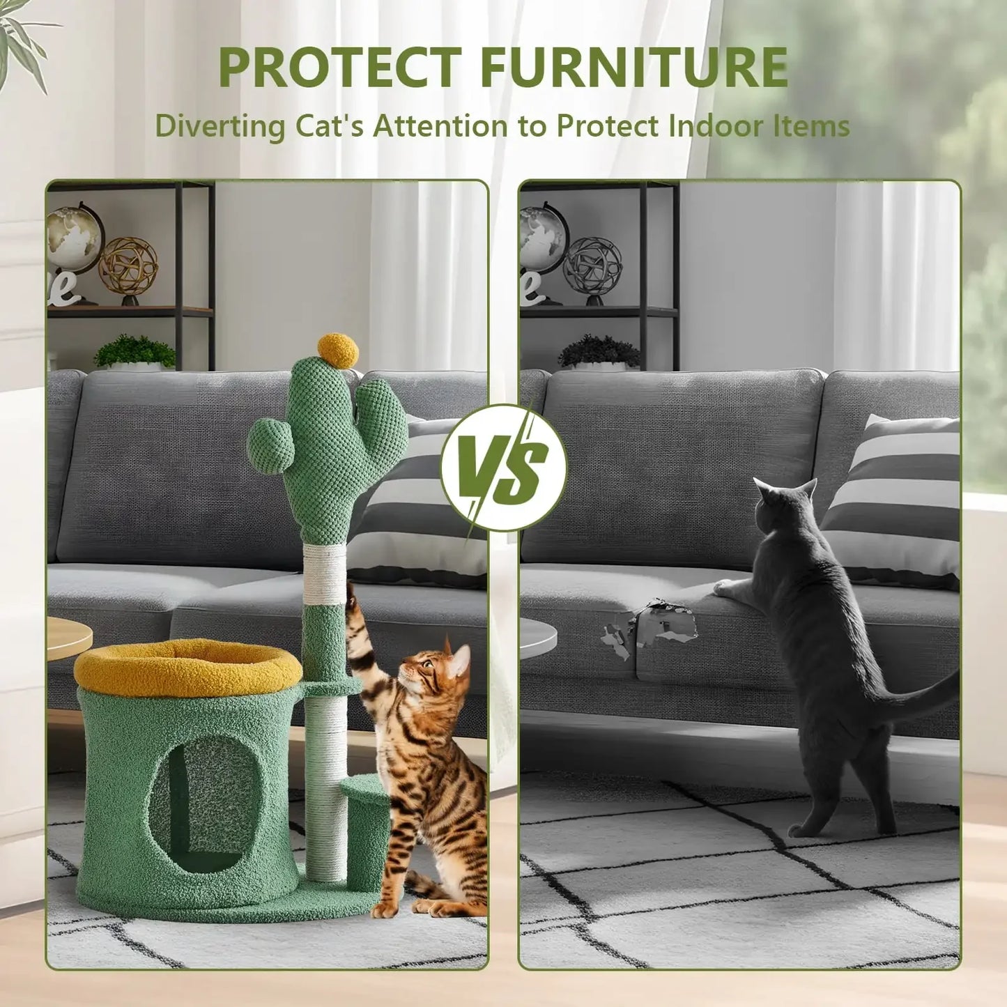 32 Inch Cat Tree with Cactus Cat Scratching Post Cozy Cat House for Indoor Cats Green