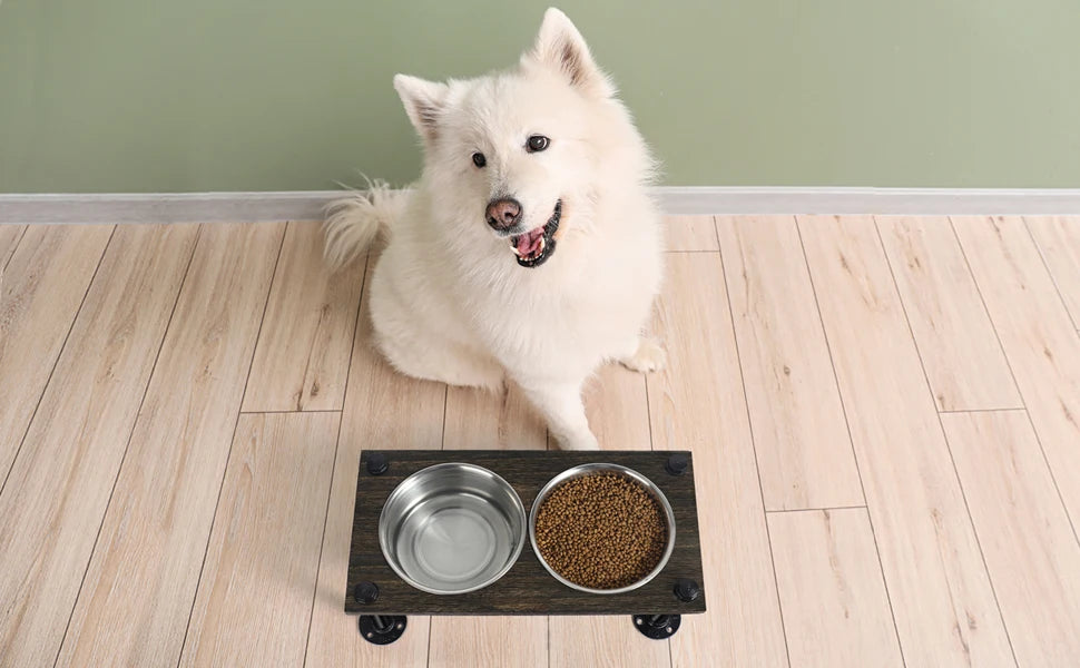 Raised Dog Bowl Stand for Large Dogs | Farmhouse Feeder w/ 2 Stainless Bowls | Waterproof Wood Board & Rustic Brown Design
