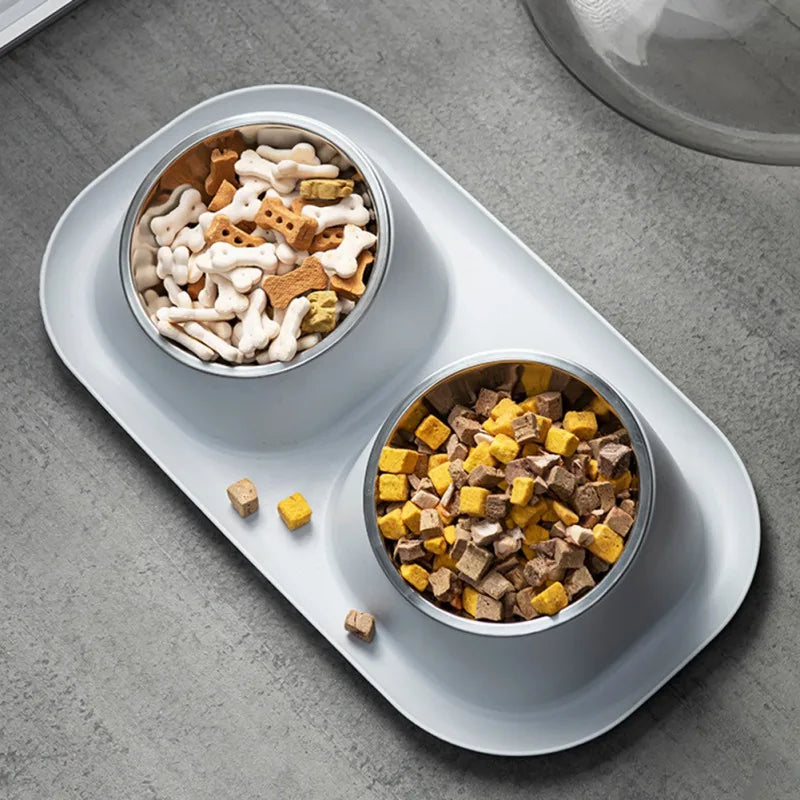 Stainless Steel Double Cat Dog Bowl Cat Food Container Plastic Non-slip Base Pet Water Feeder Tilt Safeguard Neck Puppy Cat Bowl