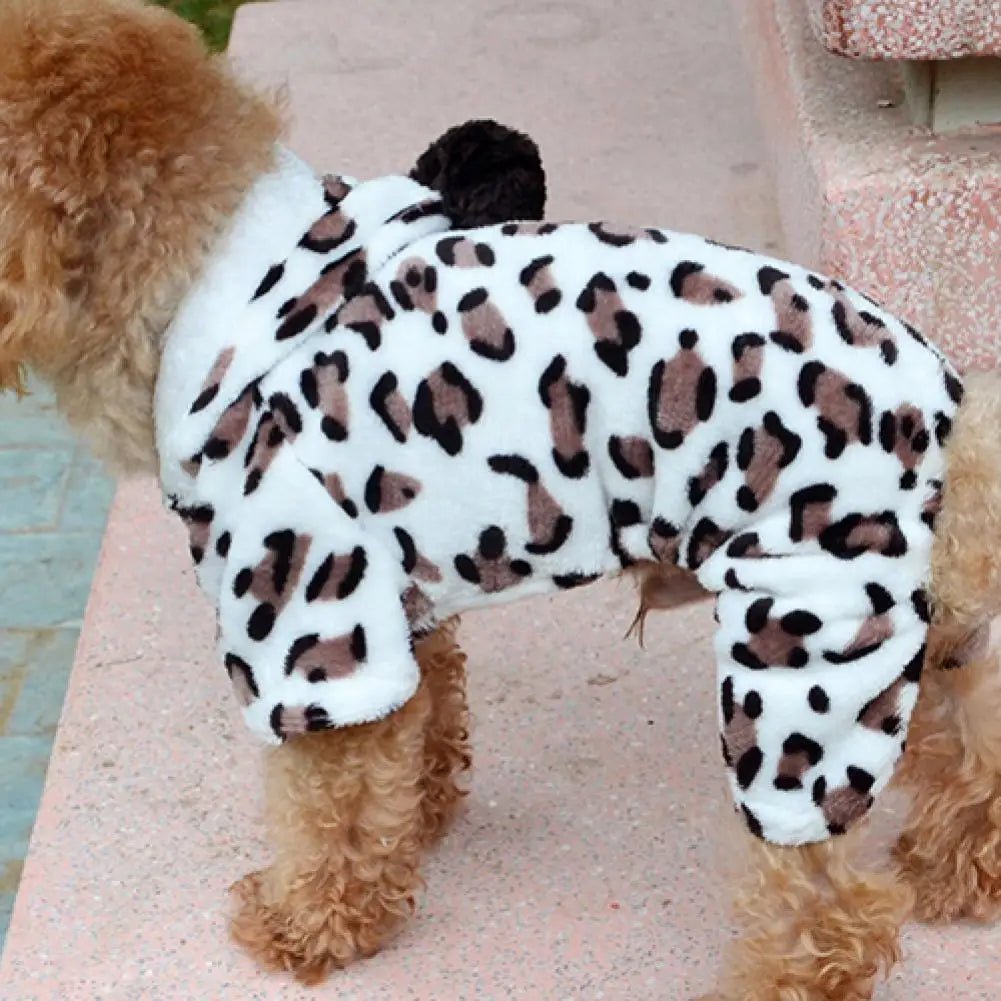 Leopard Print Flannel Dog Hoodie Winter Warm Jumpsuit