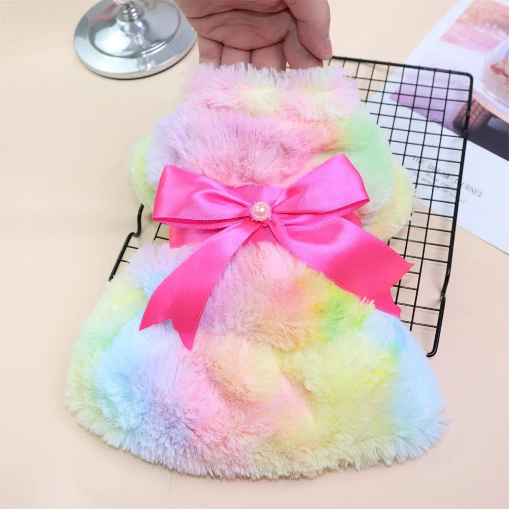 Winter Autumn Pet Warm Fashion Skirt Fleece Rainbow Candy Color Cute Plush Leopard Print Bow Dog Dress