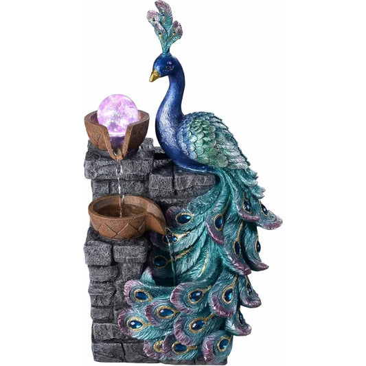 Peacock LED Glass Globe Water Fountain Decor Zen Desktop