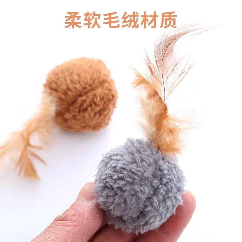 Cat Toy Plush Ball With Feathers Interactive Fun Chase Pet Supplies