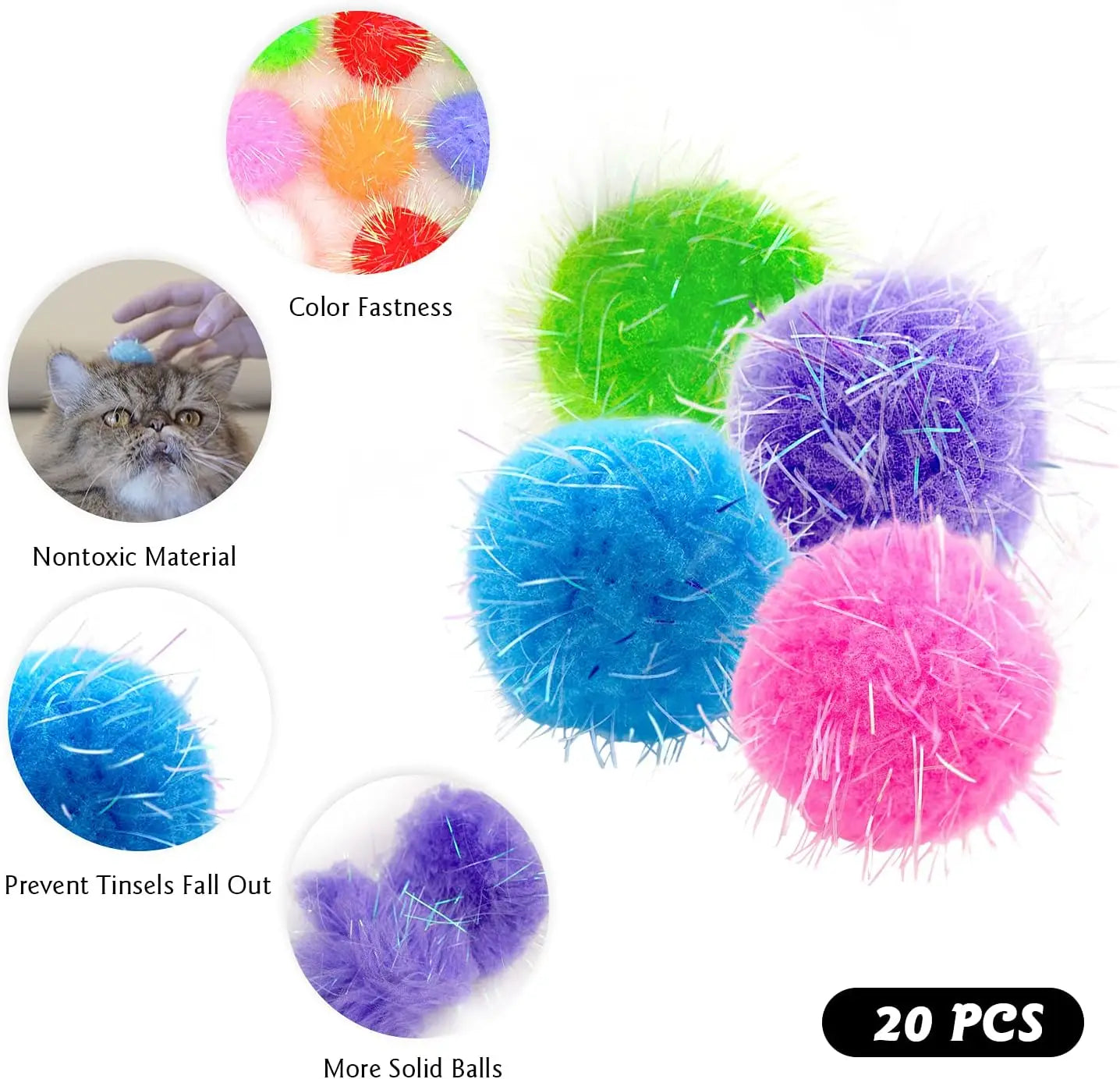 NONECN Cat Sparkling Ball Toy 20Pcs Faux Fur Interactive Toy