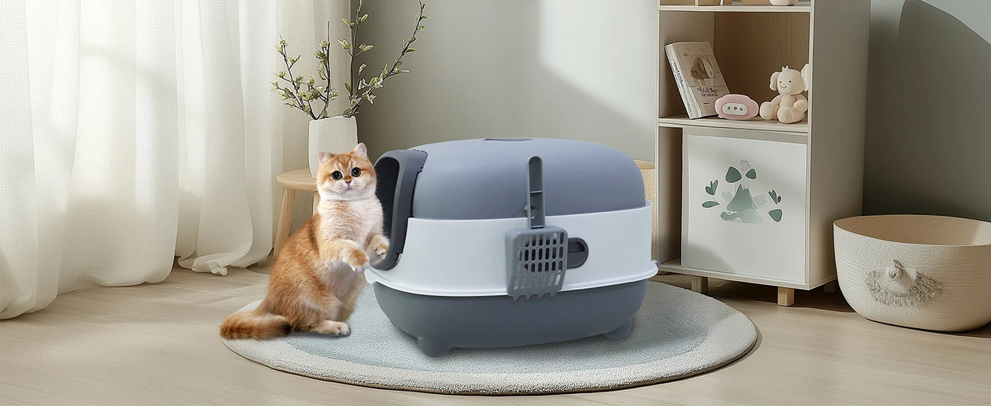 Large Cat Litter Box Enclosed with Scoop Odorless Hooded Litter Tray Deep Cat Toilet Pan Easy Clean Non-Stick