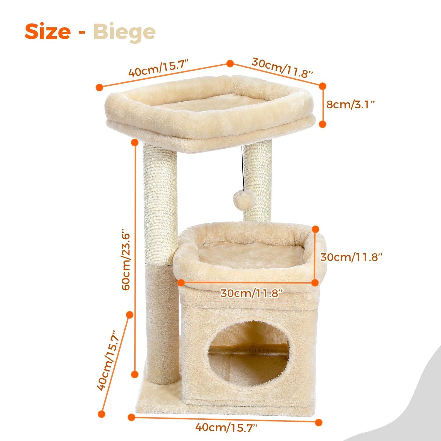 H228cm Cat Tree Toy Condo Multi-Layer Climbing Tower with Hammock Solid Wood Post for Cats