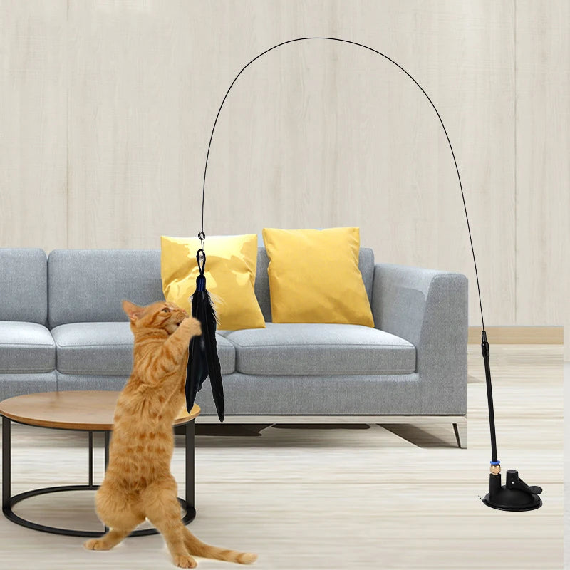 Cat Teaser Toy Cat Teaser Pole With Feather Bell Extended Rod Suction Cup Durable Bite Teaser Stick Replaceable Feather Head