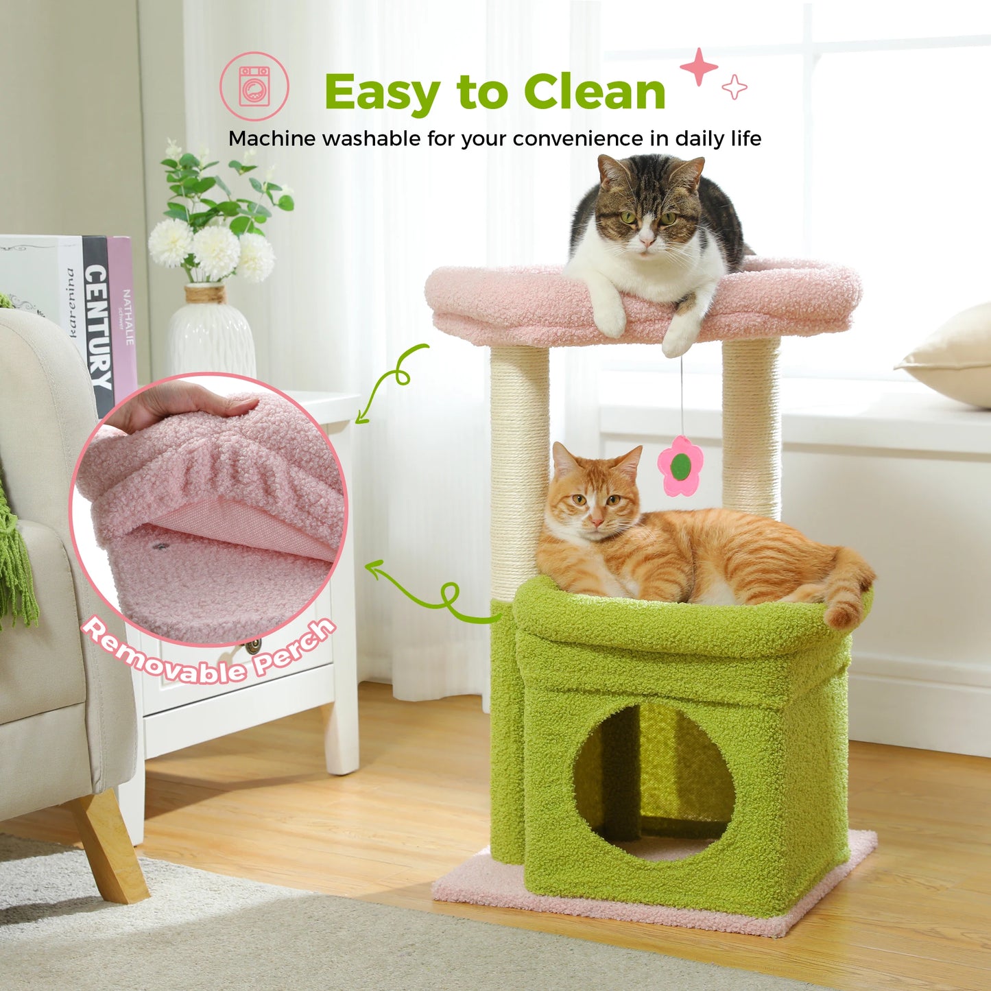 H228cm Cat Tree Toy Condo Multi-Layer Climbing Tower with Hammock Solid Wood Post for Cats