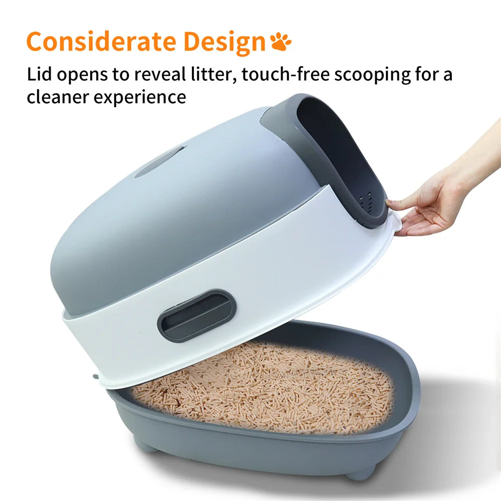 Large Cat Litter Box Enclosed with Scoop Odorless Hooded Litter Tray Deep Cat Toilet Pan Easy Clean Non-Stick