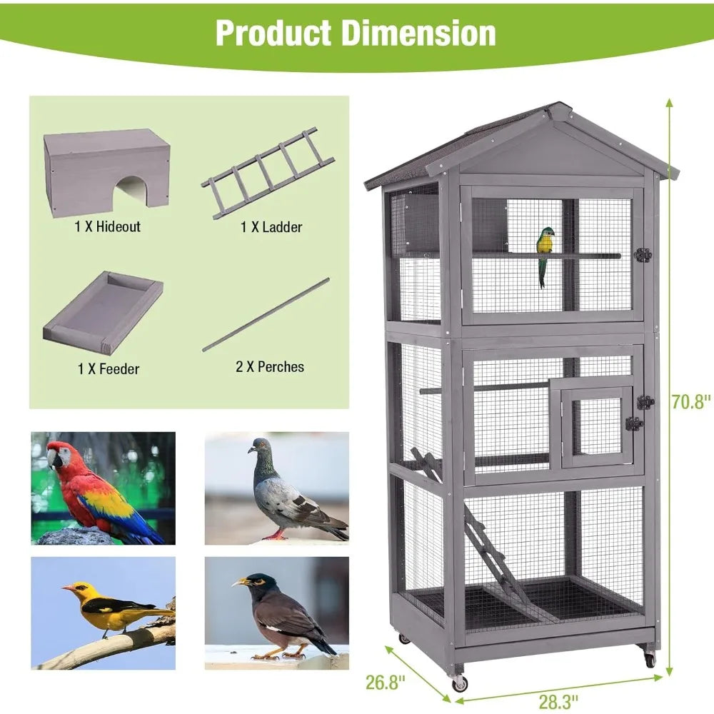 Bird Cage Outdoor Wooden Aviary Indoor 70 Inch Large Parrot Cage with 4 Casters Flight Bird Cages for Parrot Lovebirds Finches