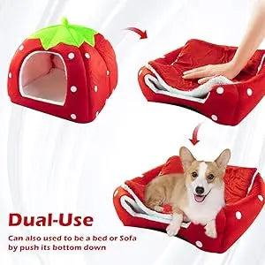 Small Dog Cat House Soft Pet Bed Kennel Strawberry Shape Puppy Tent Warm Cushion Basket for Kitten Sleeping