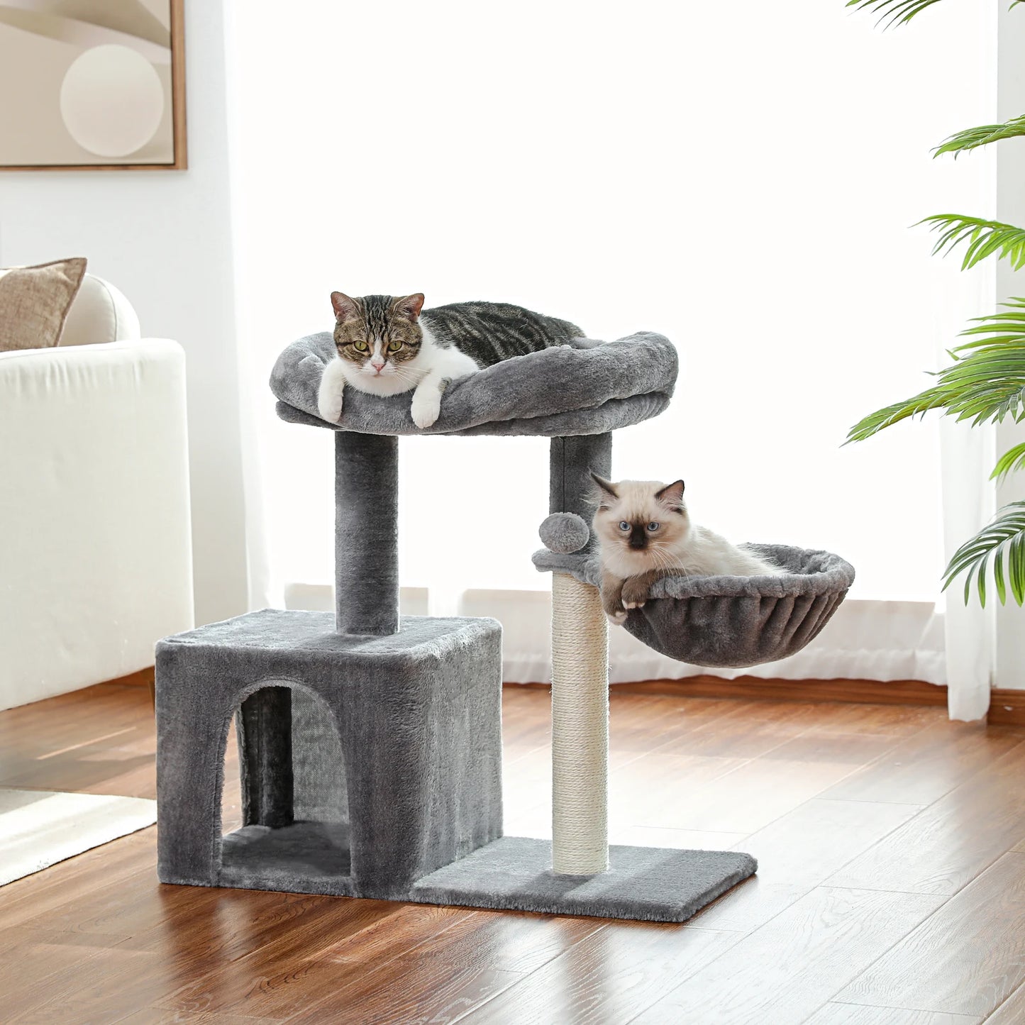 H228cm Cat Tree Toy Condo Multi-Layer Climbing Tower with Hammock Solid Wood Post for Cats