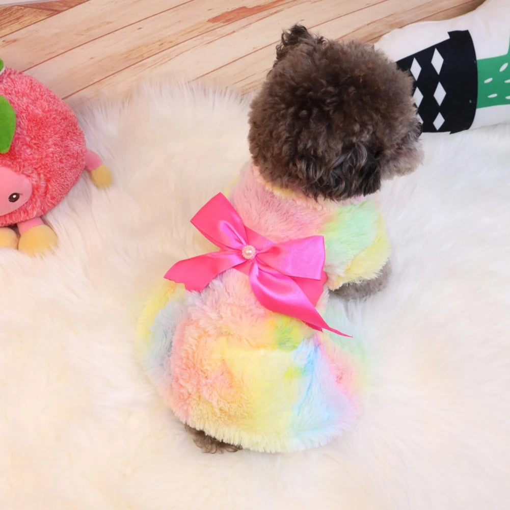 Winter Autumn Pet Warm Fashion Skirt Fleece Rainbow Candy Color Cute Plush Leopard Print Bow Dog Dress