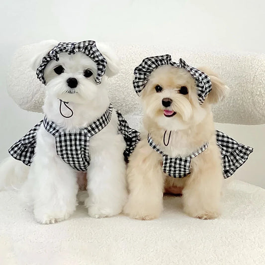 WAOPETCN Fashion Dog Clothes Plaid Skirt With Hat Set