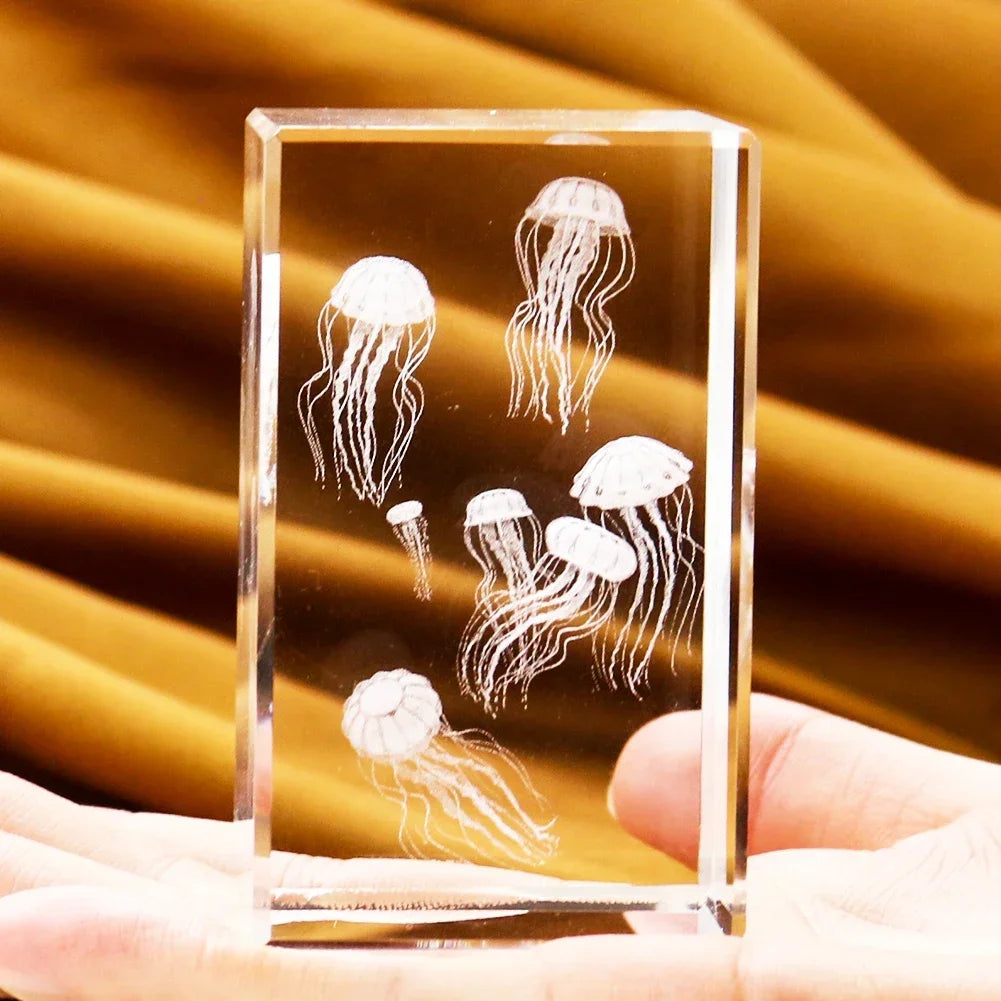 3D Laser Carving Jellyfish Crystal Cube Glass Crafts Figurines Miniatures Sculpture Paperweight Ocean Home Decor Gift Photo Prop