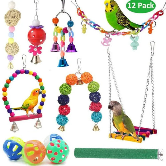 DCPET 12 Pack Wood Bird Toy Set Parrot Swing Bridge Bells Cage Accessories