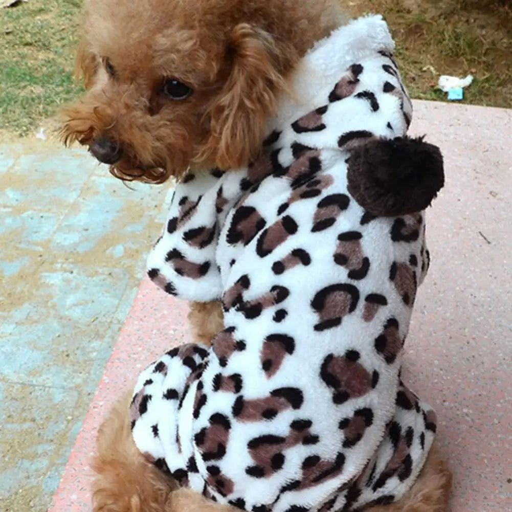 Leopard Print Flannel Dog Hoodie Winter Warm Jumpsuit