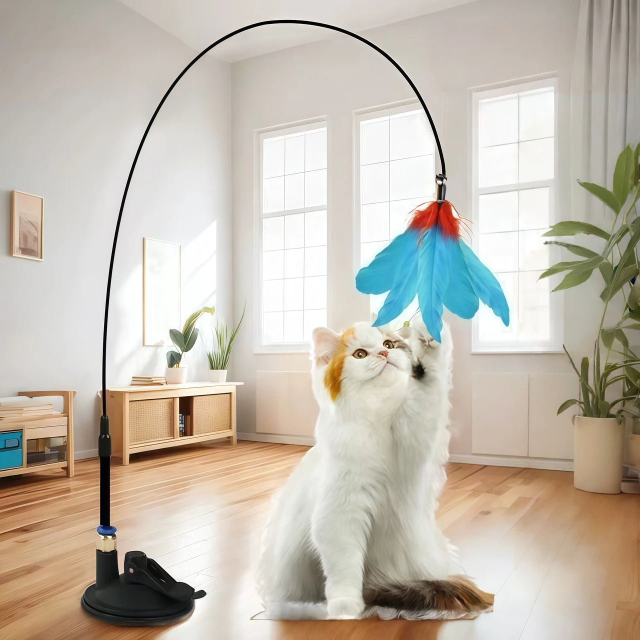 Cat Teaser Toy Cat Teaser Pole With Feather Bell Extended Rod Suction Cup Durable Bite Teaser Stick Replaceable Feather Head